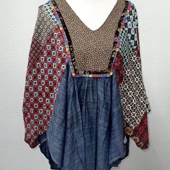 Sz S / M Ivy Jane Patchwork Print Chambray Boho Shirt - Picture 6 of 16